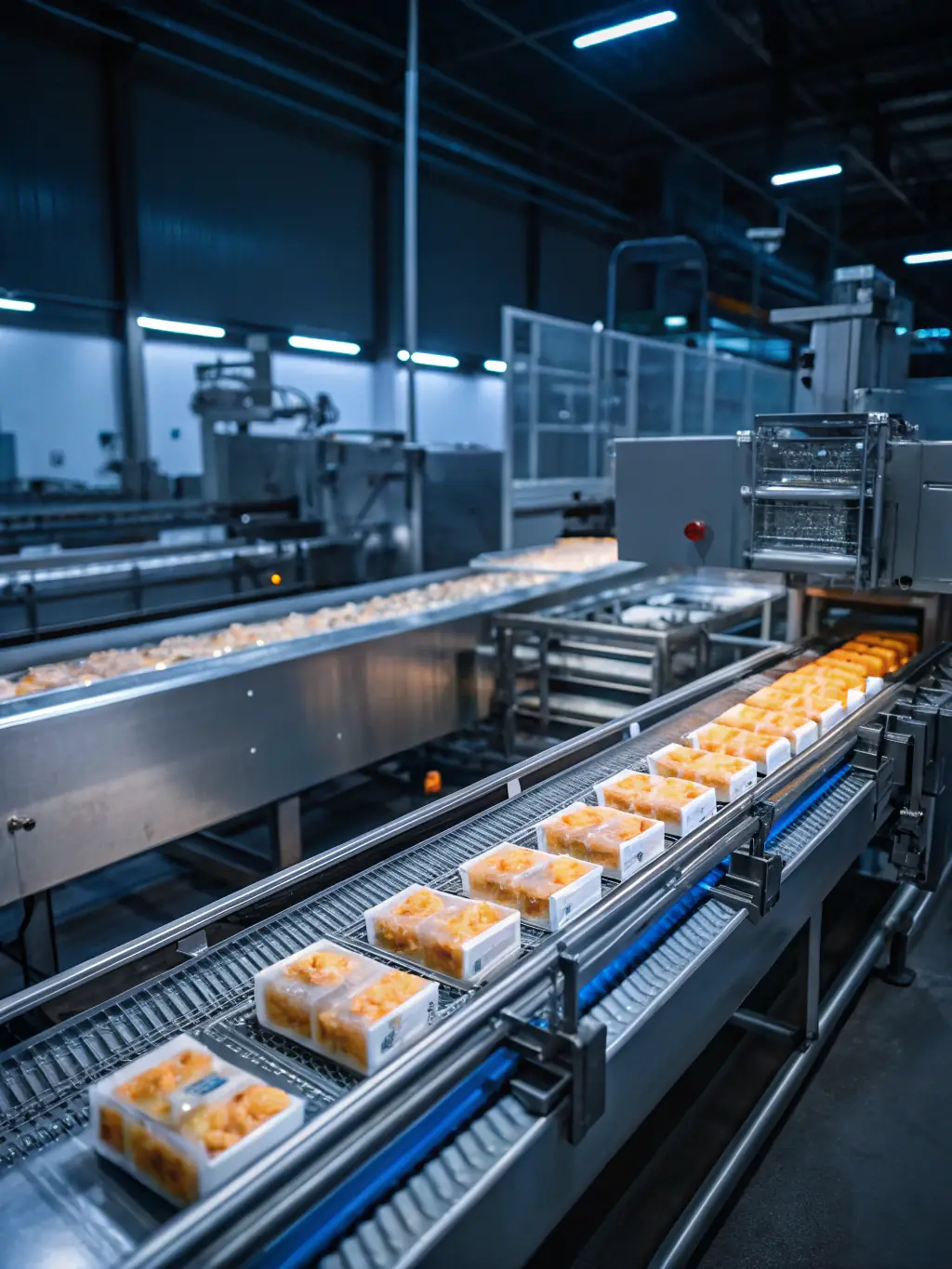 An image of a food irradiation facility, showing produce being processed. The image should emphasize the cleanliness and safety of the process.