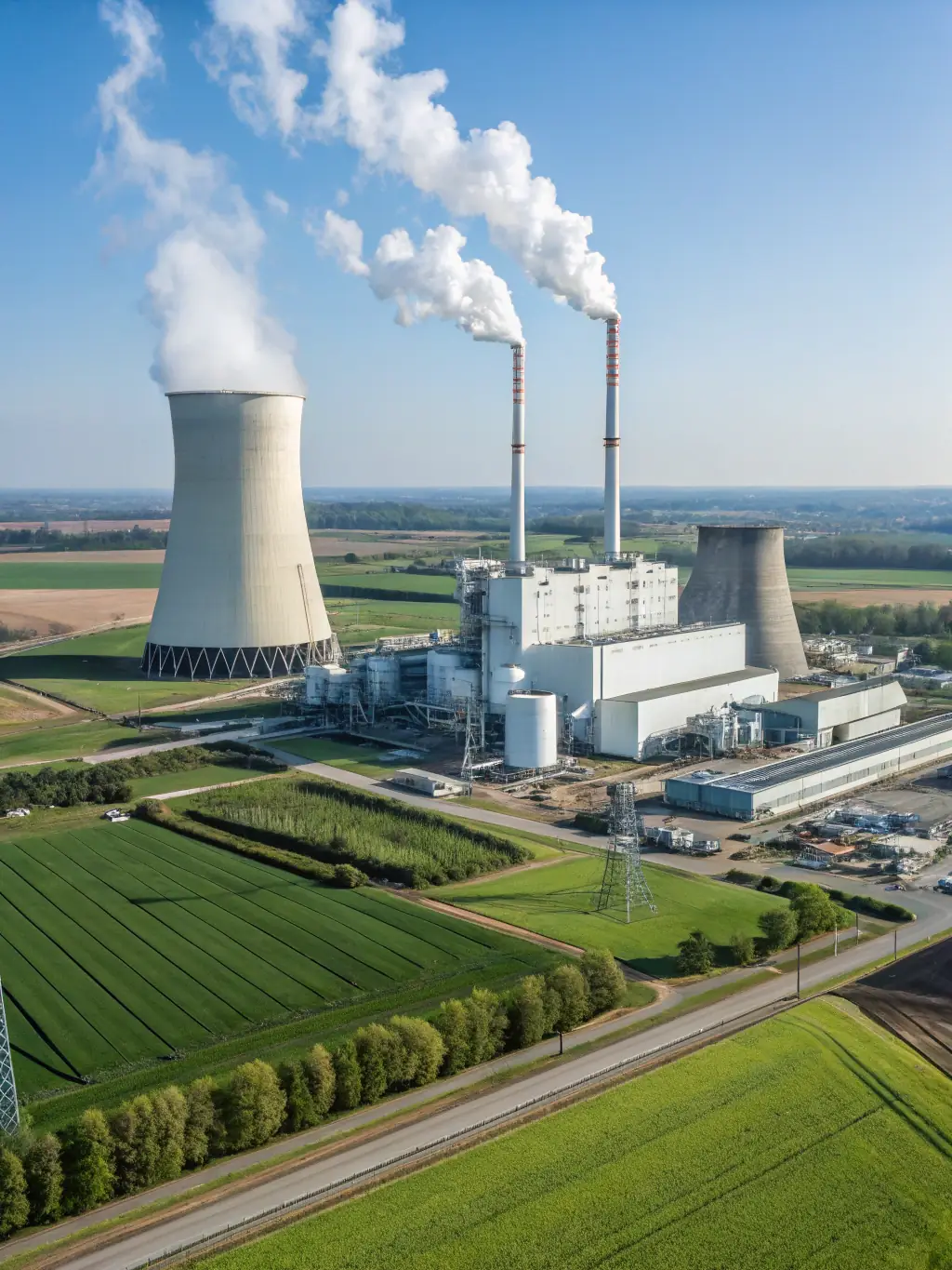 A detailed image of a nuclear power plant with steam rising from the cooling towers, set against a blue sky. The image should convey the scale and complexity of nuclear power generation.