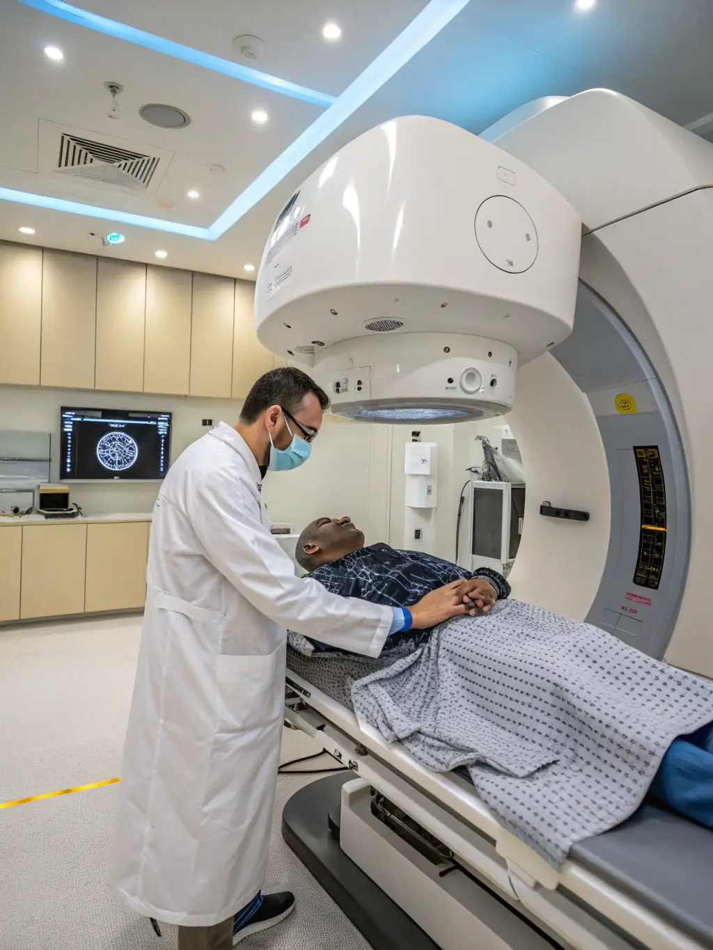 A medical professional using nuclear imaging equipment to diagnose a patient. The image should highlight the precision and non-invasive nature of nuclear medicine.